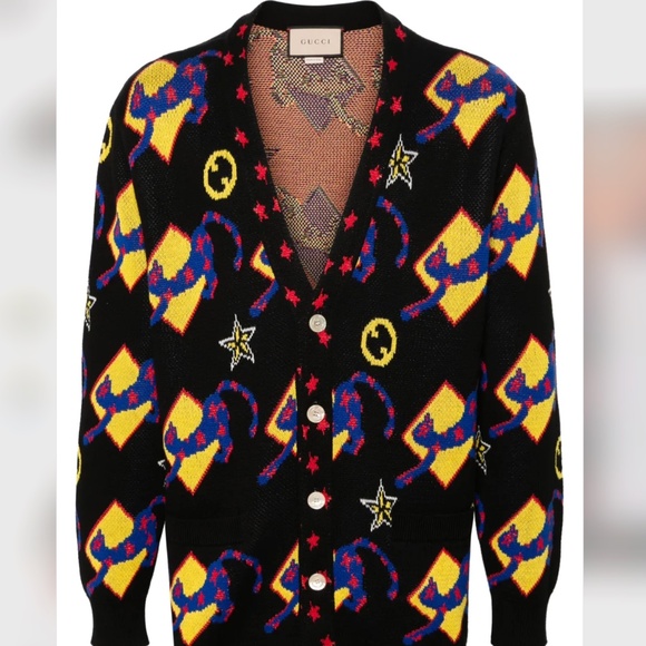 size M Gucci GG Cat Graphic Logo Intarsia Cardigan Black Yellow - Picture 1 of 9